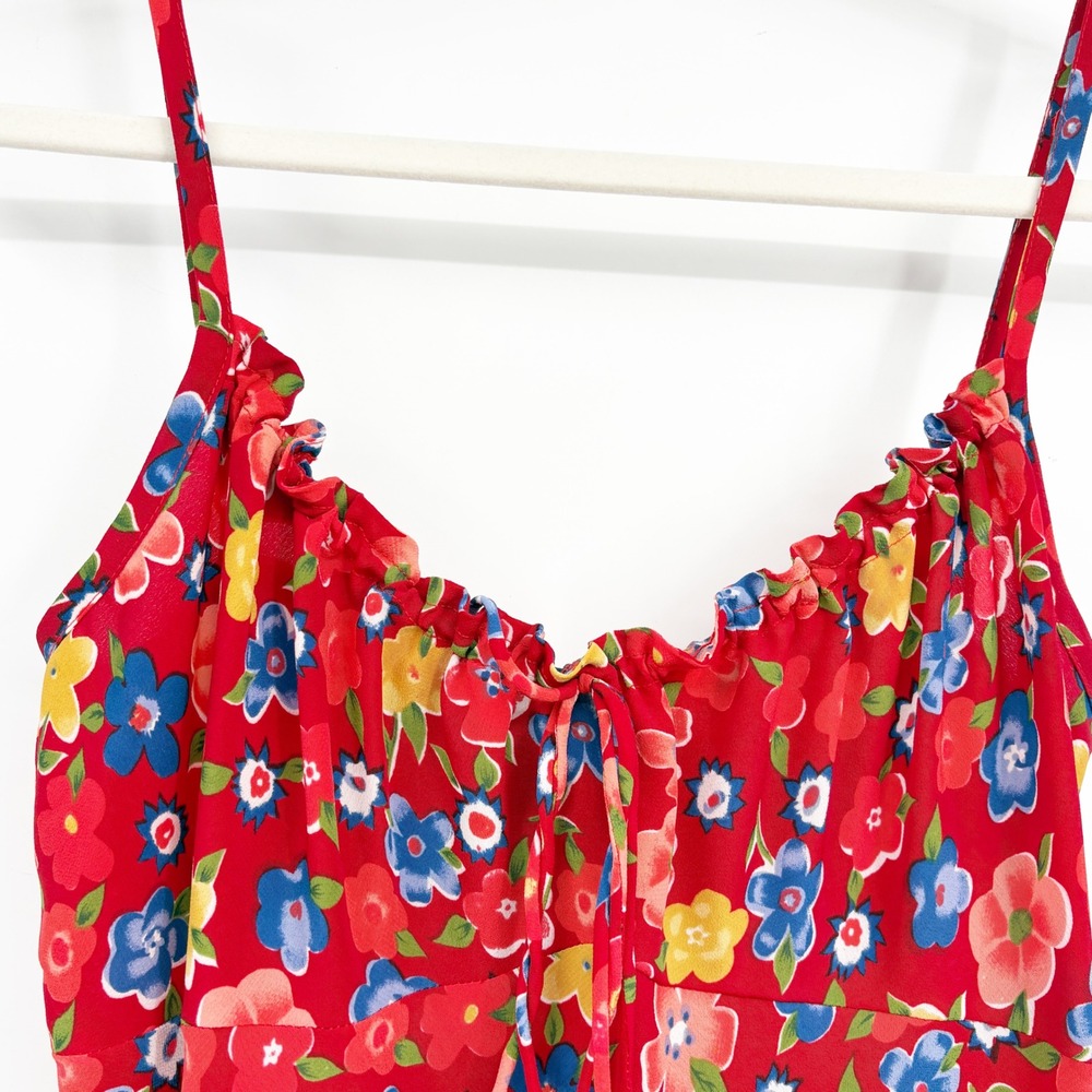 Jonathan Martin Womens Red Floral 90s Vintage Cottagecore Picnic Midi Dress 9 - Picture 2 of 6
